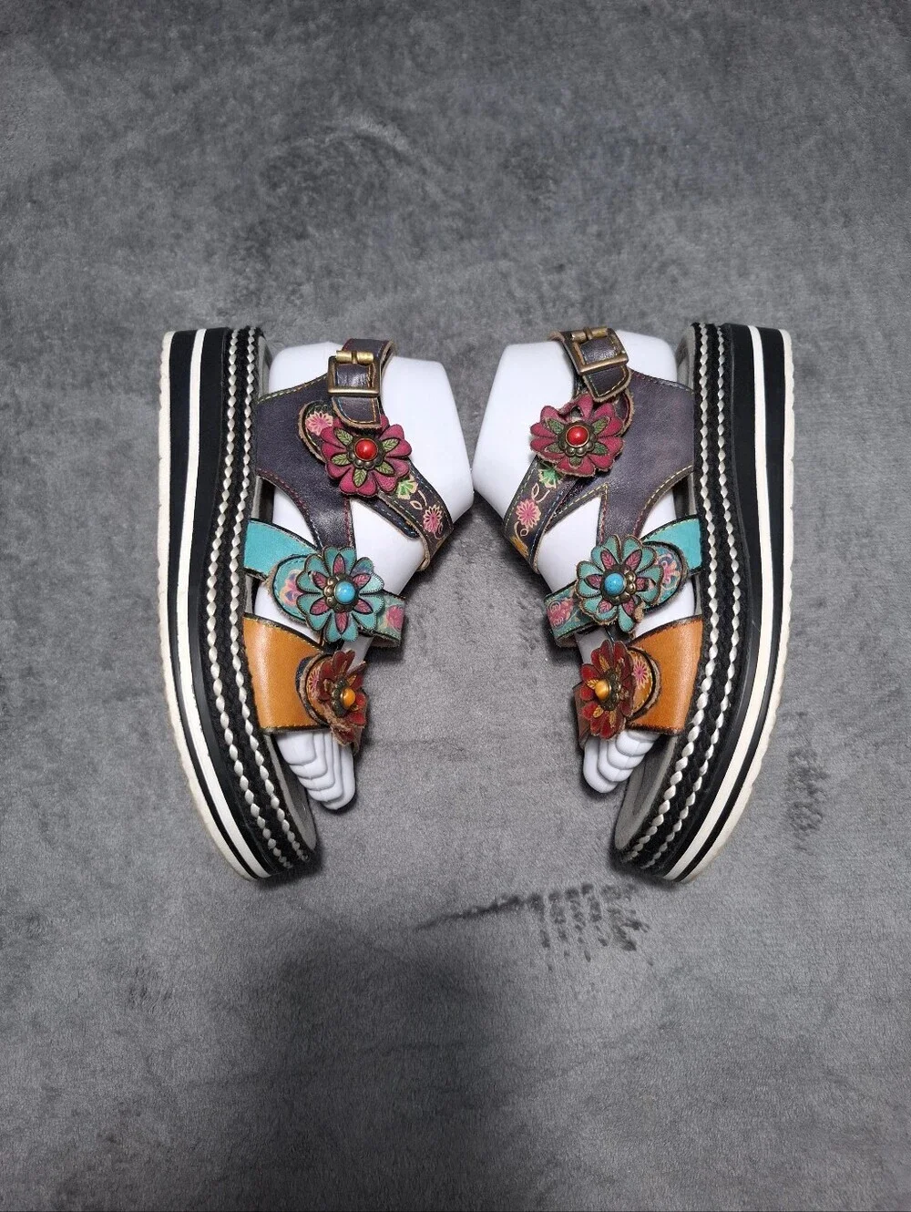 L'ATISTE Spring Step Multicolor Floral Leather Slingback Sandals Hand Painted 38